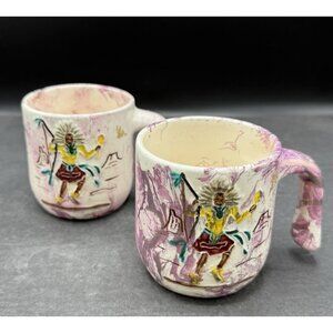 Vintage Studio Pottery Embossed Native American Kachina Dancer Set Of Mugs